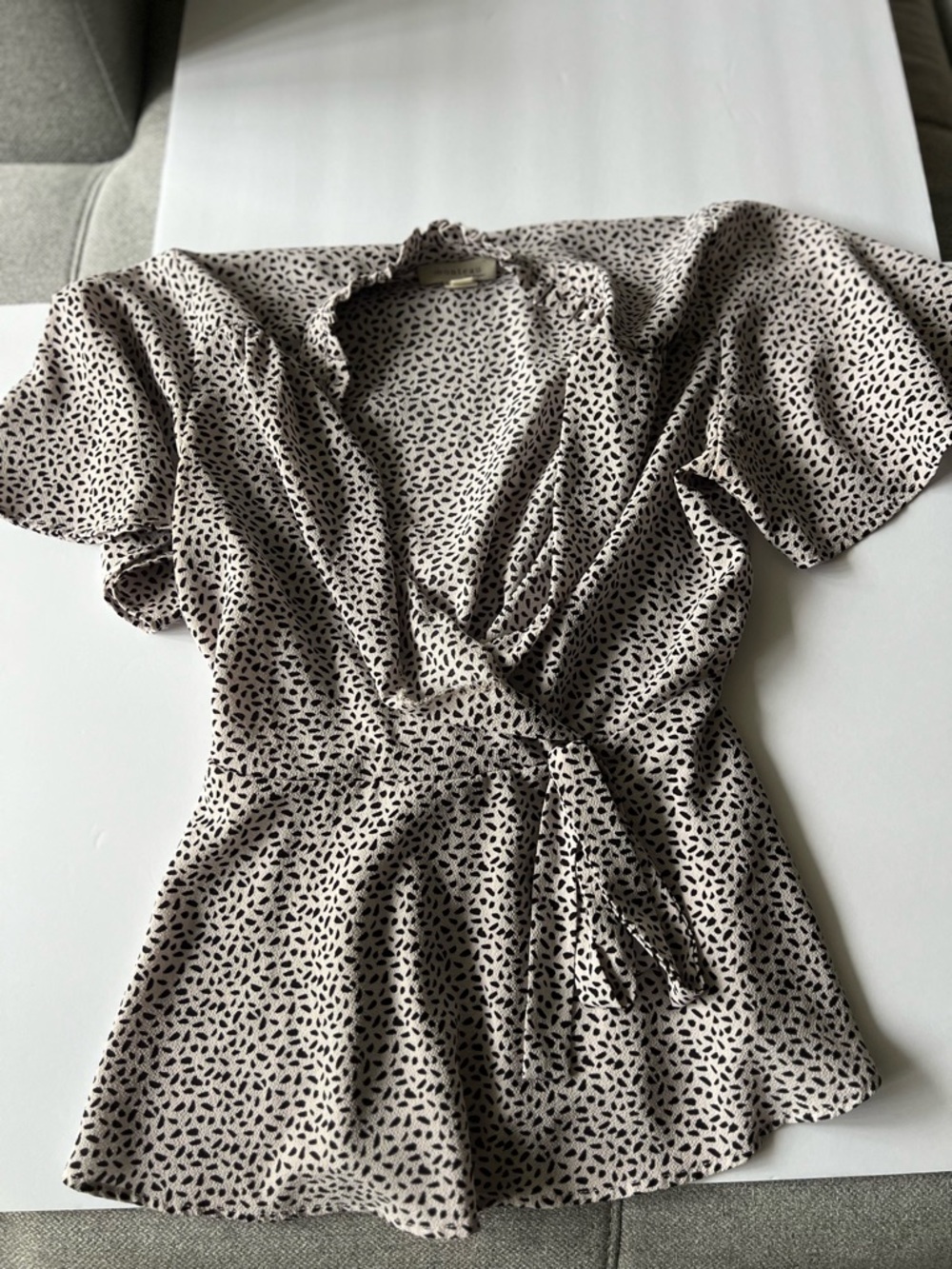 Monteau Cream Wrap Blouse with Black Dot Print